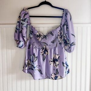 NWT Purple Flower Lily White Off-the-shoulder Top with Ruched Bodice Women’s Med